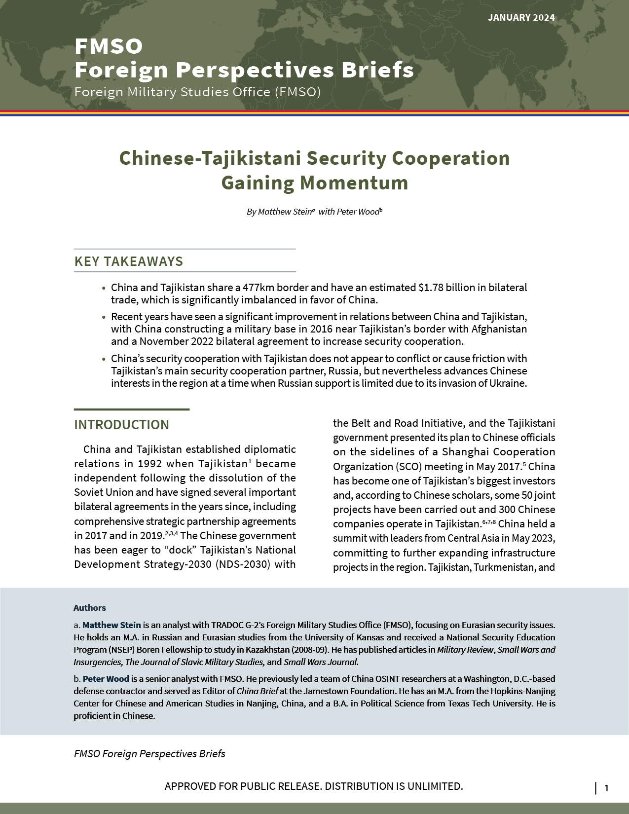 Chinese-Tajikistani Security Cooperation Gaining Momentum (Matthew Stein and Peter Wood) (January 2024)